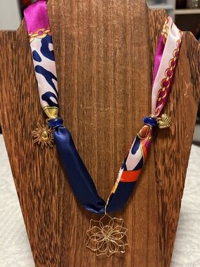Handmade Gold Floral Pendant Scarf Necklace — Navy & Pink with charms